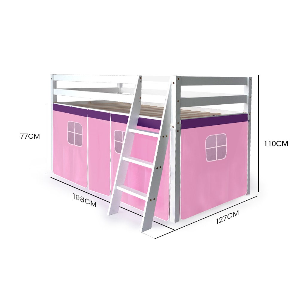 Wooden Kids Single Loft Bed Frame - Hiding Space Underneath with Interchangeable Pink and Blue Curtains with ladder and window panels