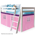 Wooden Kids Single Loft Bed Frame - Hiding Space Underneath with Interchangeable Pink and Blue Curtains