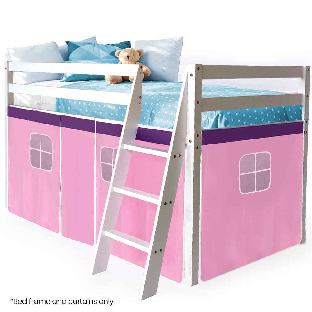 Wooden Kids Single Loft Bed Frame - Hiding Space Underneath with Interchangeable Pink and Blue Curtains