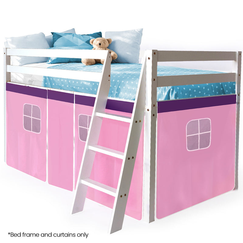 Wooden Kids Single Loft Bed Frame - Hiding Space Underneath with Interchangeable Pink and Blue Curtains and ladder