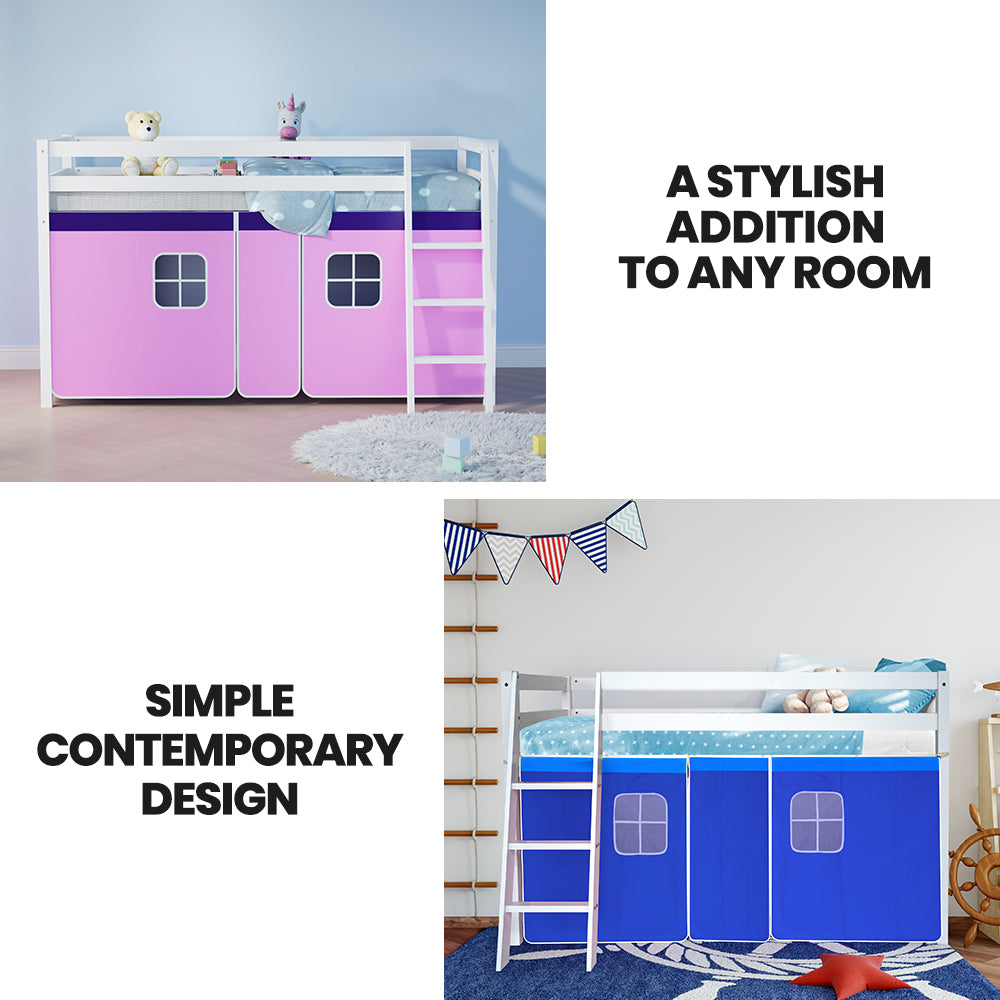 Wooden Kids Single Loft Bed Frame - Hiding Space Underneath with Interchangeable Pink and Blue Curtains