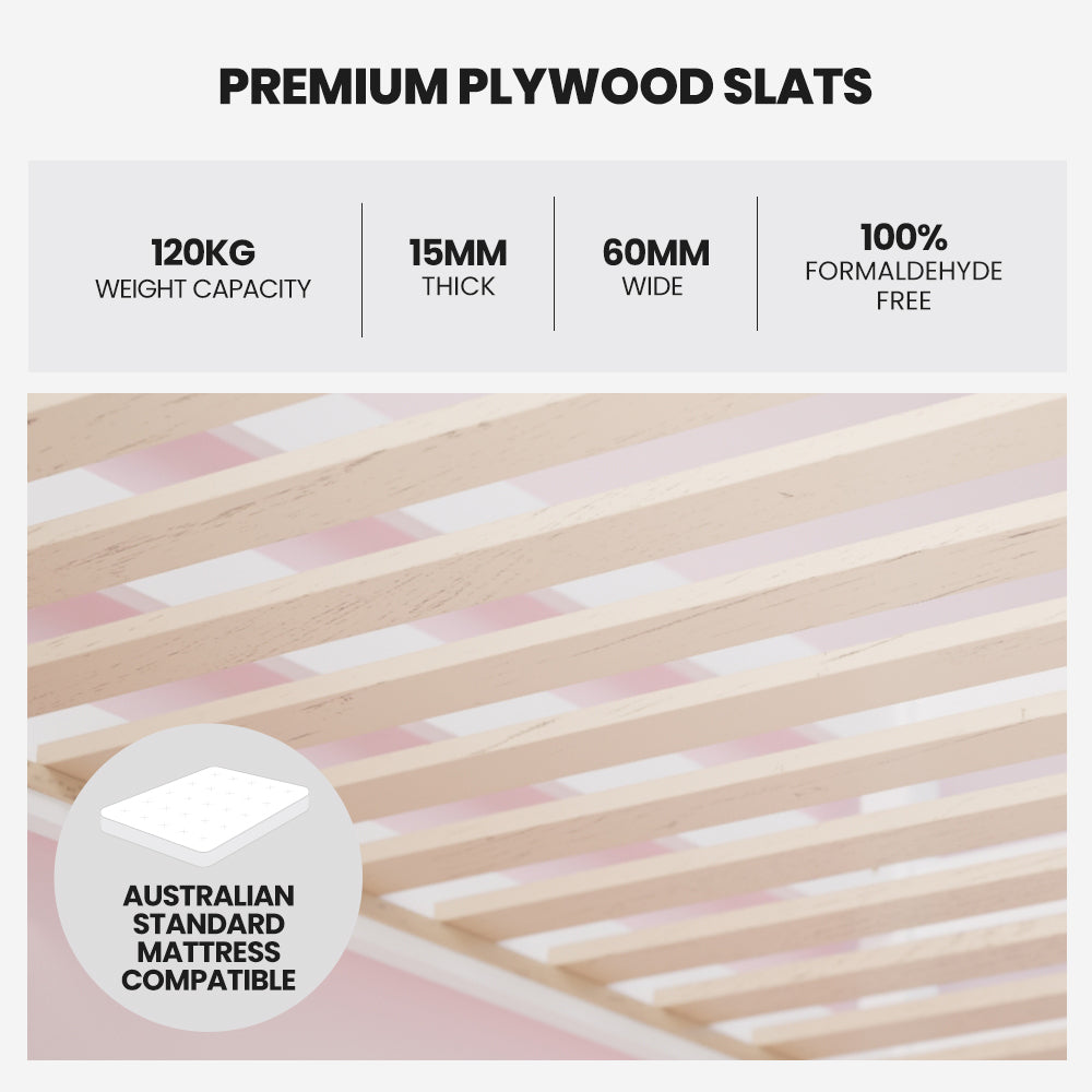 Wooden Kids Single Loft Bed Frame - Hiding Space Underneath with Interchangeable Pink and Blue Curtains