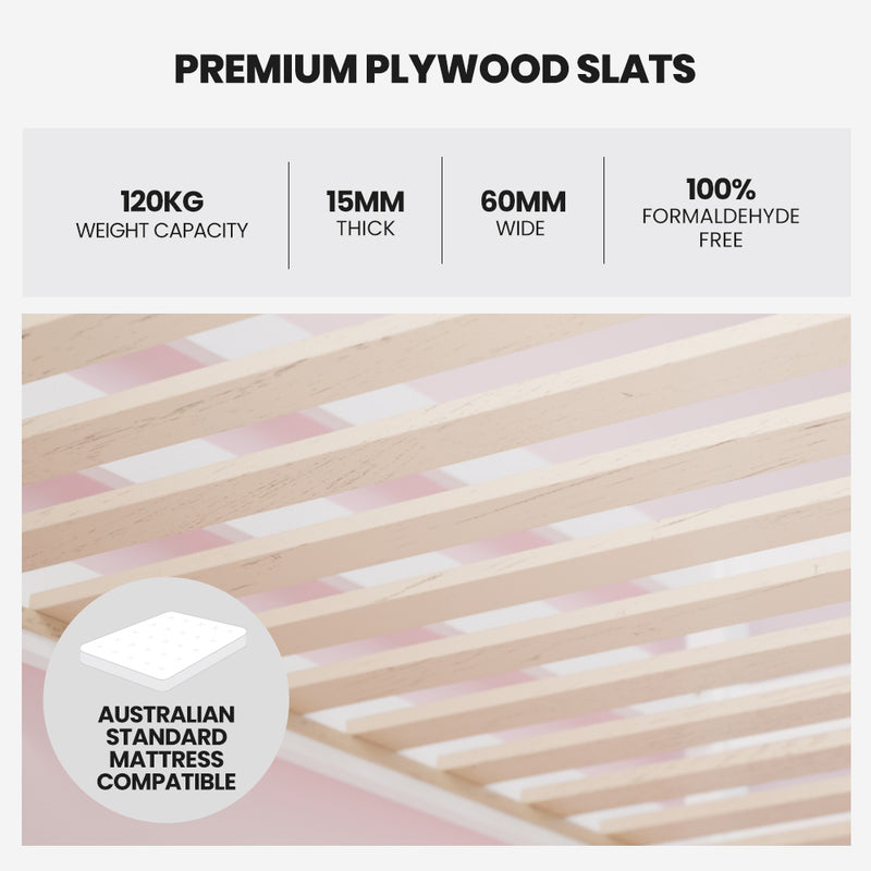 Wooden Kids Single Loft Bed Frame - Hiding Space Underneath with Interchangeable Pink and Blue Curtains showing premium plywood slats and mattress compatibility