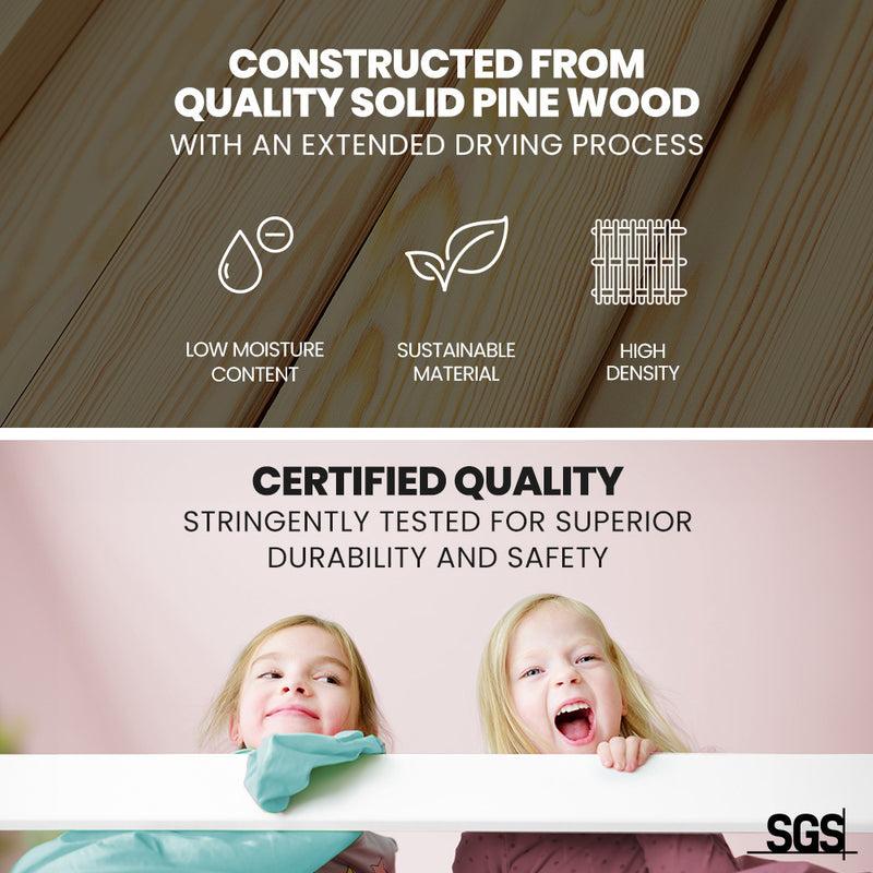 Wooden Kids Single Loft Bed Frame - Hiding Space Underneath with Interchangeable Pink and Blue Curtains made from solid pine wood with certified durability