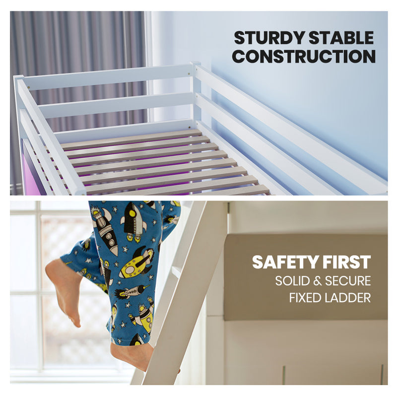 Wooden Kids Single Loft Bed Frame - Hiding Space Underneath with Interchangeable Pink and Blue Curtains showing sturdy frame and secure fixed ladder