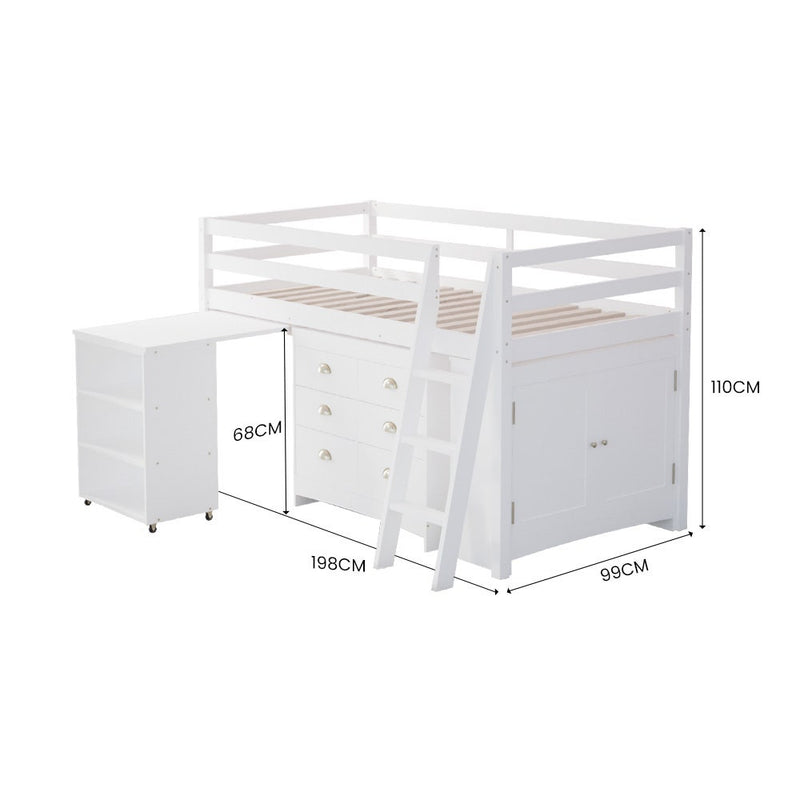 Wooden Kids Single Loft Bed Frame with Pull Out Desk, Storage Drawers, Cabinet - White, shown with dimensions
