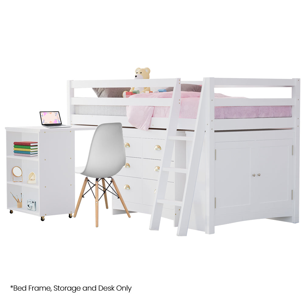 Wooden Kids Single Loft Bed Frame with Pull Out Desk, Storage Drawers, and Cabinet in white bedroom furniture setup
