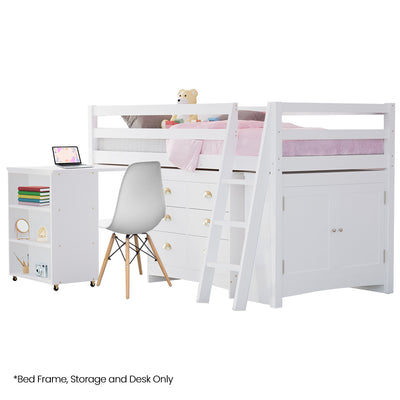 Wooden Kids Single Loft Bed Frame with Pull Out Desk, Storage Drawers, and Cabinet in white bedroom furniture setup