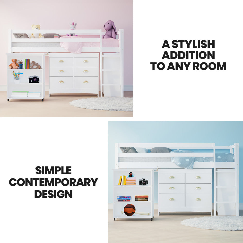 Wooden Kids Single Loft Bed Frame with Pull Out Desk, Storage Drawers, Cabinet - White in kids’ bedroom setting