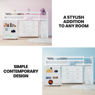 Wooden Kids Single Loft Bed Frame with Pull Out Desk, Storage Drawers, Cabinet - White in kids’ bedroom setting