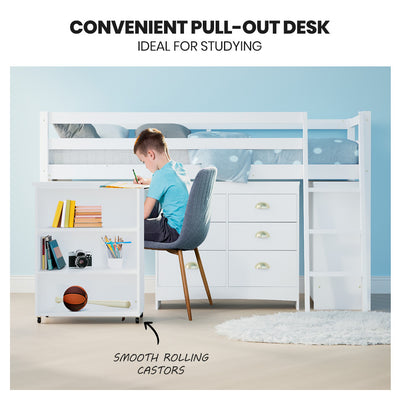 Wooden Kids Single Loft Bed Frame with Pull Out Desk, Storage Drawers, Cabinet - White with boy studying at desk