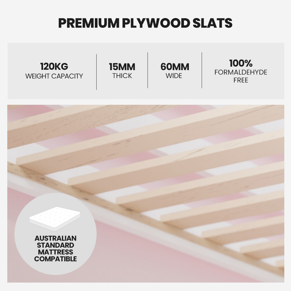 Wooden Kids Single Loft Bed Frame with Pull Out Desk, Storage Drawers, Cabinet - White showing premium plywood slats close-up