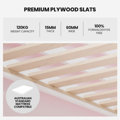 Wooden Kids Single Loft Bed Frame with Pull Out Desk, Storage Drawers, Cabinet - White showing premium plywood slats close-up