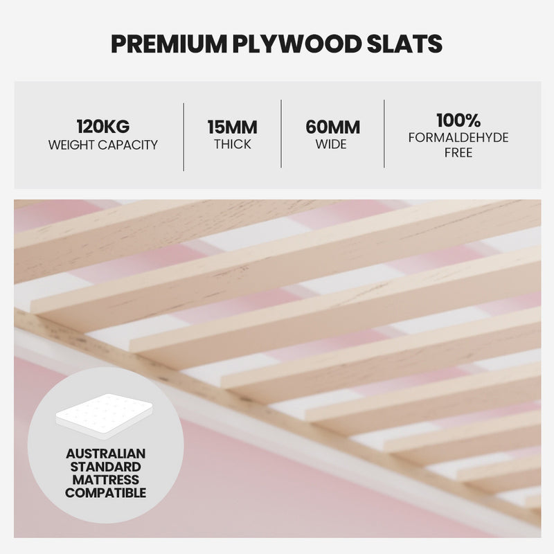 Wooden Kids Single Loft Bed Frame with Pull Out Desk, Storage Drawers, Cabinet - White showing premium plywood slats close-up