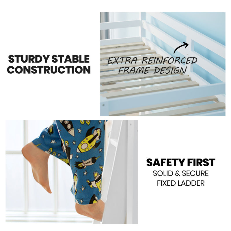 Wooden Kids Single Loft Bed Frame with Pull Out Desk, Storage Drawers, Cabinet - White showing reinforced frame and secure fixed ladder safety features