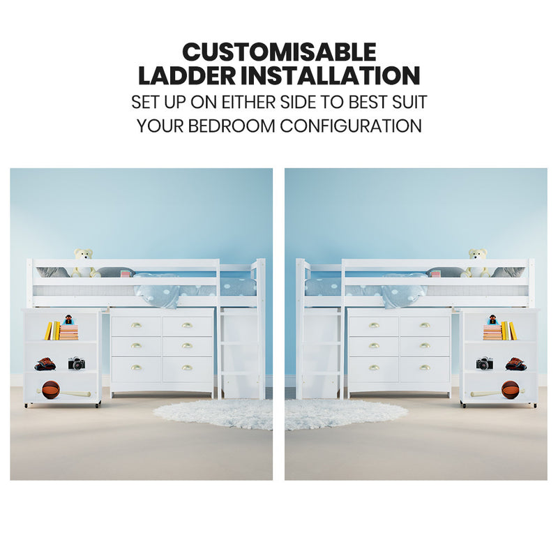 Wooden Kids Single Loft Bed Frame with Pull Out Desk, Storage Drawers, Cabinet - White with ladder on left and right options