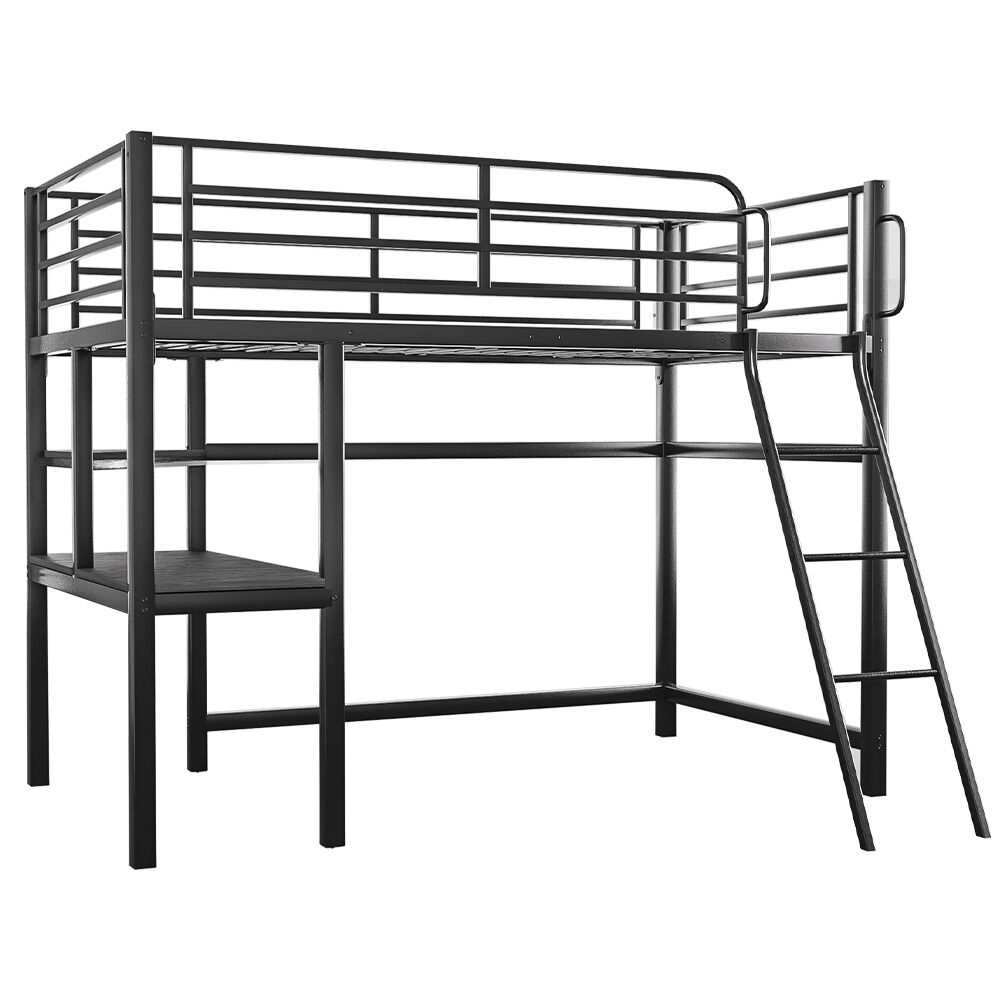 Gaming Loft Bed with Desk, Steel Metal Frame, Matte Dark Grey, space-saving design with ladder and guardrails for single mattress.
