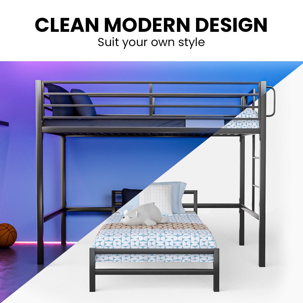 Single Loft Bed And Single Underbed, Multifunctional, Space Saving with Fixed Ladder, Matte Dark Grey