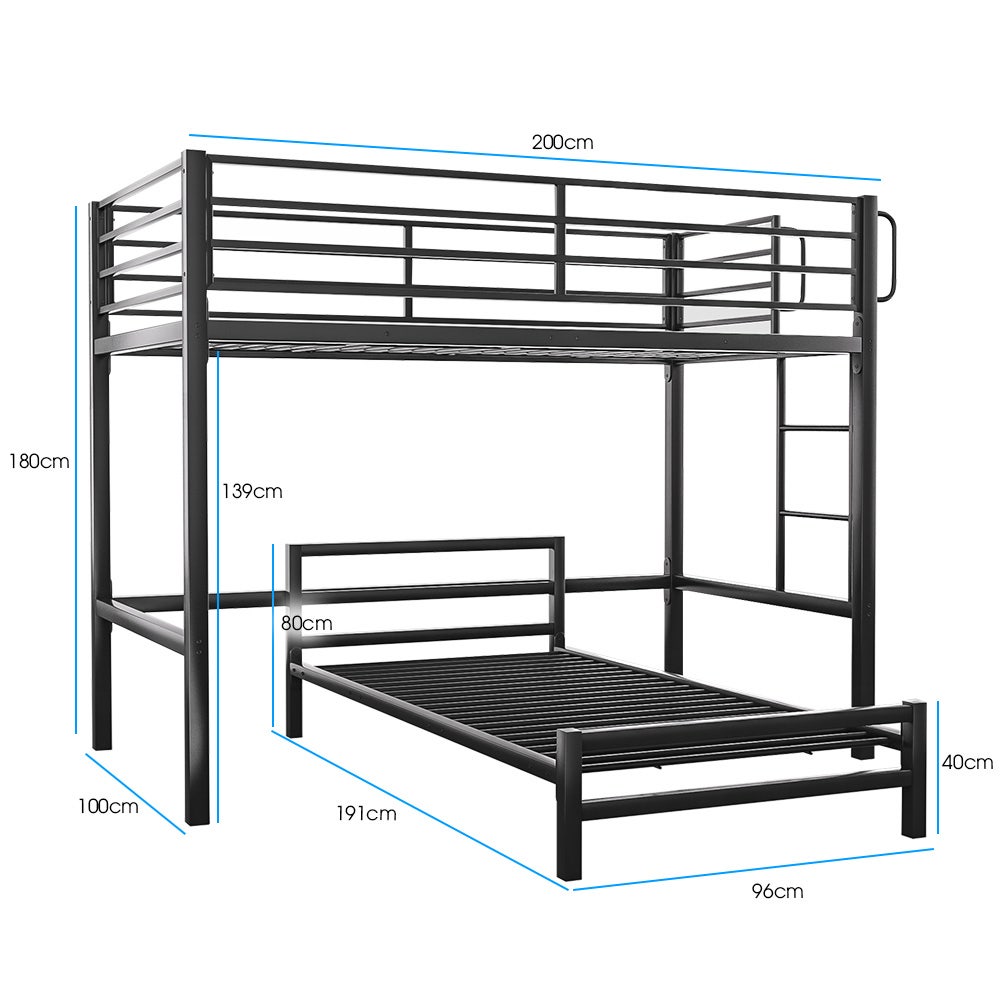 Single Loft Bed And Single Underbed, Multifunctional, Space Saving with Fixed Ladder, Matte Dark Grey