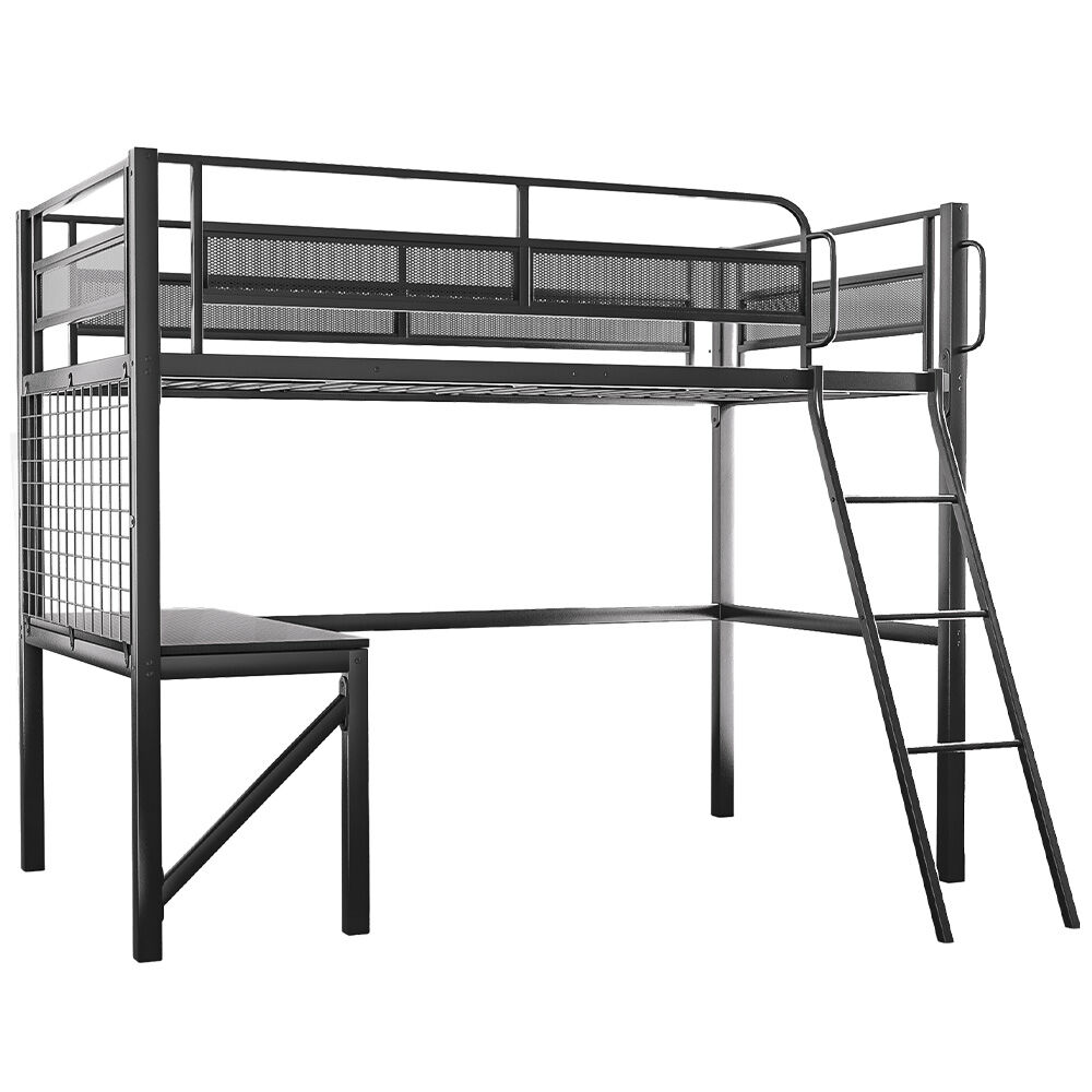 Gaming Loft Bed with Desk, Gridwall, Steel Metal Frame, Space Saving Design in Matte Dark Grey for Single Mattress