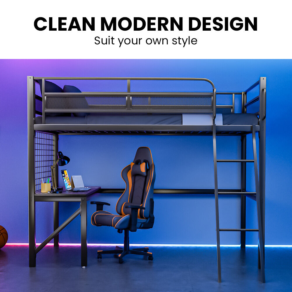 Gaming Loft Bed with Desk, Gridwall, Steel Metal Frame, Space Saving Design, for Single Mattress, Matte Dark Grey with gaming chair and desk setup