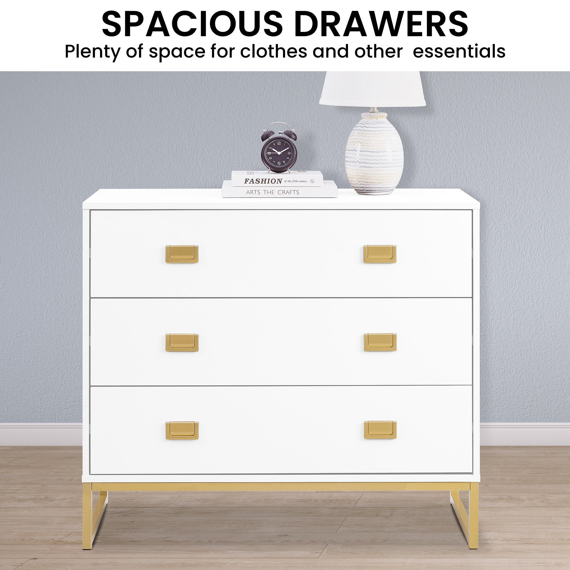 Amara Chest of Drawers Tallboy Dresser in White/Gold