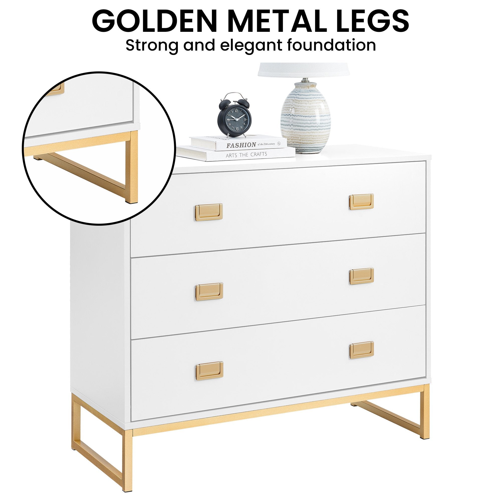 Amara Chest of Drawers Tallboy Dresser in White/Gold