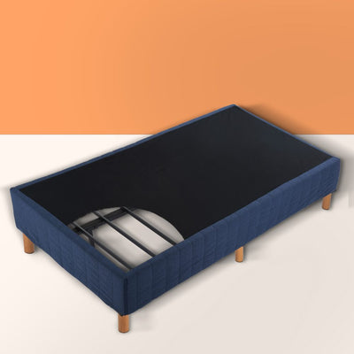 Double Metal Bed Frame Mattress Foundation - Blue with wooden legs and metal support bars, shown on neutral background