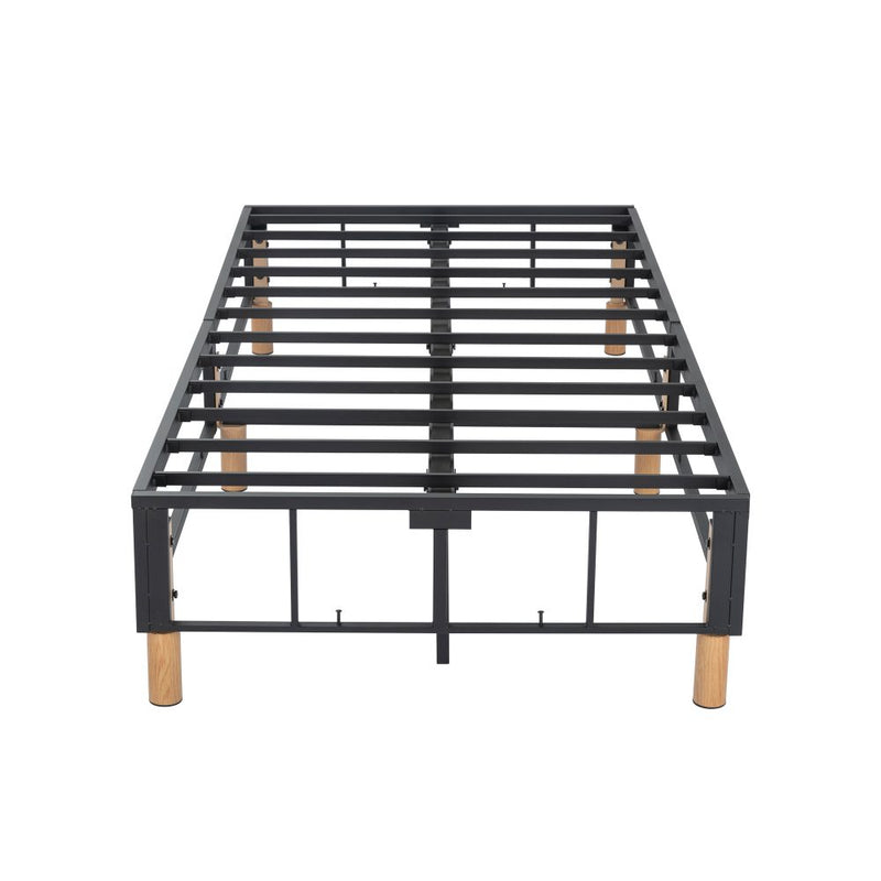 Queen Metal Bed Frame Mattress Foundation - Blue with sturdy metal slats and wooden legs, ideal bedroom furniture by Bedzy