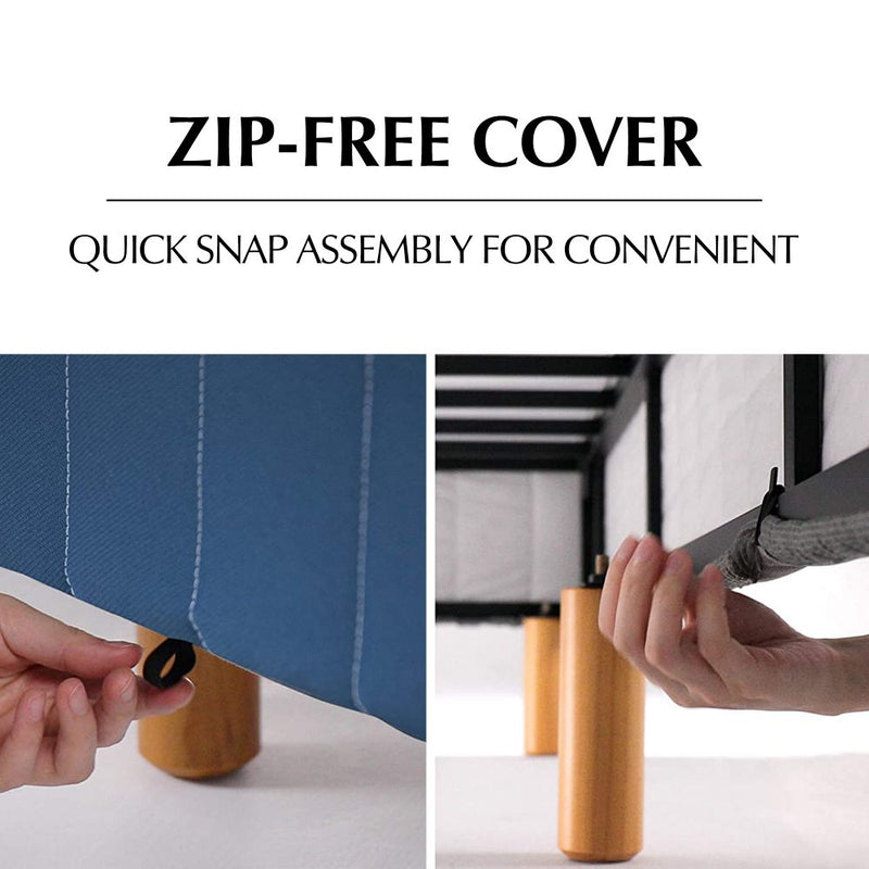 Close-up of blue Queen Metal Bed Frame Mattress Foundation - Blue with zip-free cover and wooden bed legs shown during assembly