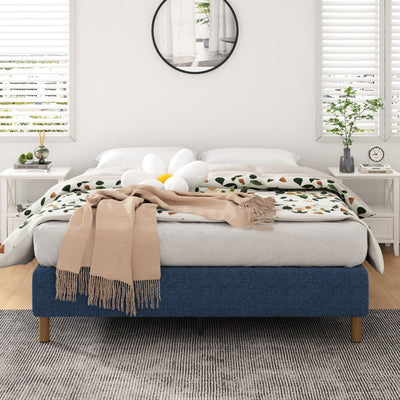 Queen Metal Bed Frame Mattress Foundation - Blue with wooden legs shown in a bright bedroom setting with bedding and pillows