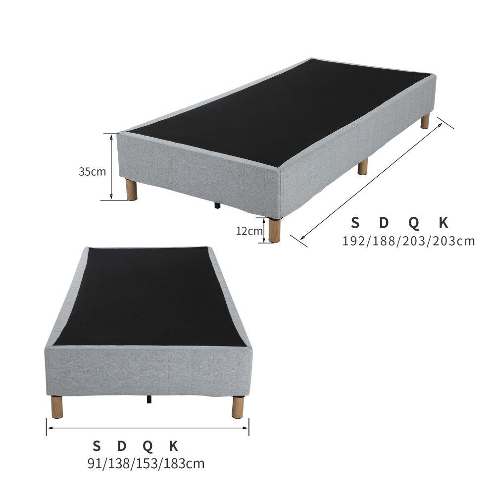 Queen Metal Bed Frame Mattress Foundation - Blue with wooden legs and fabric upholstery shown with size dimensions