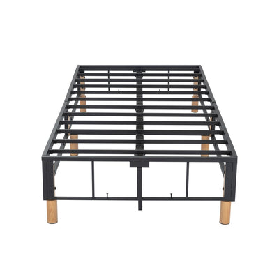 Queen Metal Bed Frame Mattress Foundation - Dark Grey with wooden legs and sturdy metal slats for bedroom furniture by Bedzy