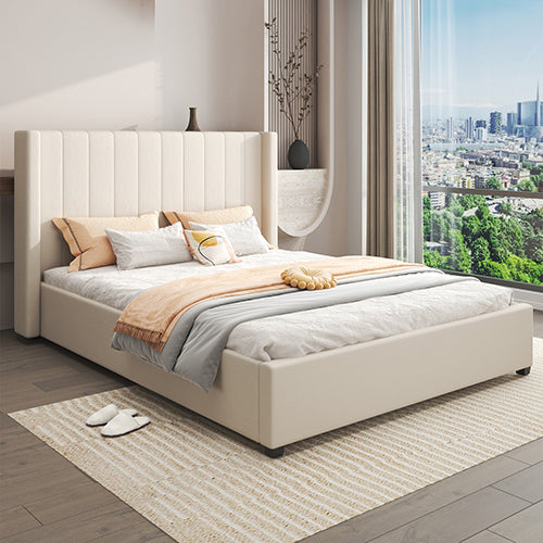 Alexa King Size Bed Frame with High Headboard & 4 Storage Drawers – Beige in modern bedroom with large window view and decor