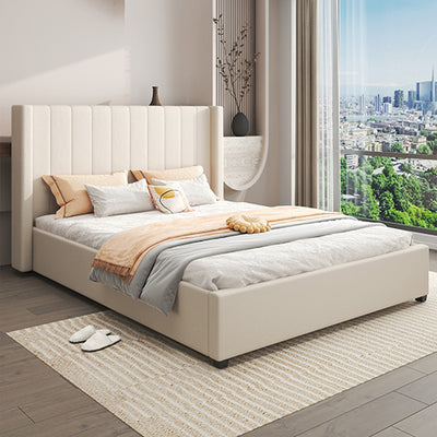 Alexa King Size Bed Frame with High Headboard & 4 Storage Drawers – Beige in modern bedroom with large window view and decor