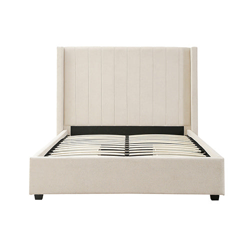 Alexa King Size Bed Frame with High Headboard & 4 Storage Drawers – Beige by Bedzy, upholstered, wooden slats visible