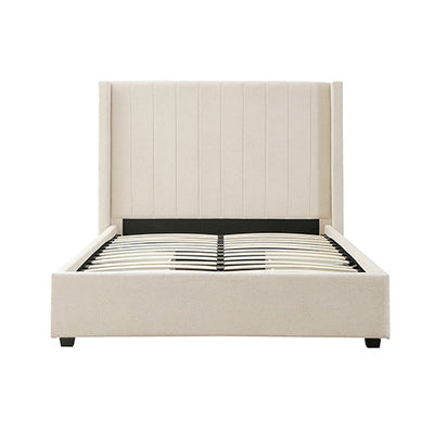 Alexa King Size Bed Frame with High Headboard & 4 Storage Drawers – Beige by Bedzy, upholstered, wooden slats visible