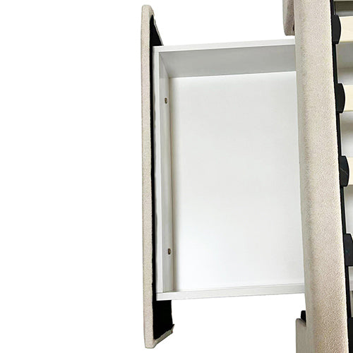 Side view of open storage drawer in Alexa King Size Bed Frame with High Headboard & 4 Storage Drawers – Beige by Bedzy