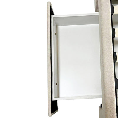 Side view of open storage drawer in Alexa King Size Bed Frame with High Headboard & 4 Storage Drawers – Beige by Bedzy