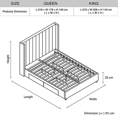 Alexa King Size Bed Frame with High Headboard & 4 Storage Drawers – Beige line drawing showing dimensions and storage drawer placement.