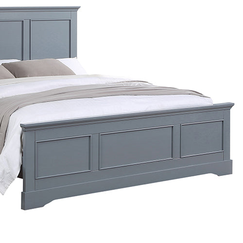 Spencer King Bed Frame in Solid Wood – Grey Finish with paneled headboard and footboard in bedroom setting