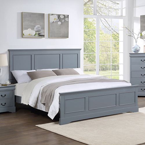Spencer Queen Bed Frame in Solid Wood – Grey Finish with paneled headboard and footboard in a styled bedroom setting