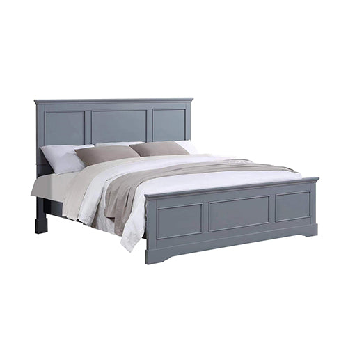 Spencer Queen Bed Frame in Solid Wood – Grey Finish with paneled headboard and footboard in a minimalist bedroom furniture style