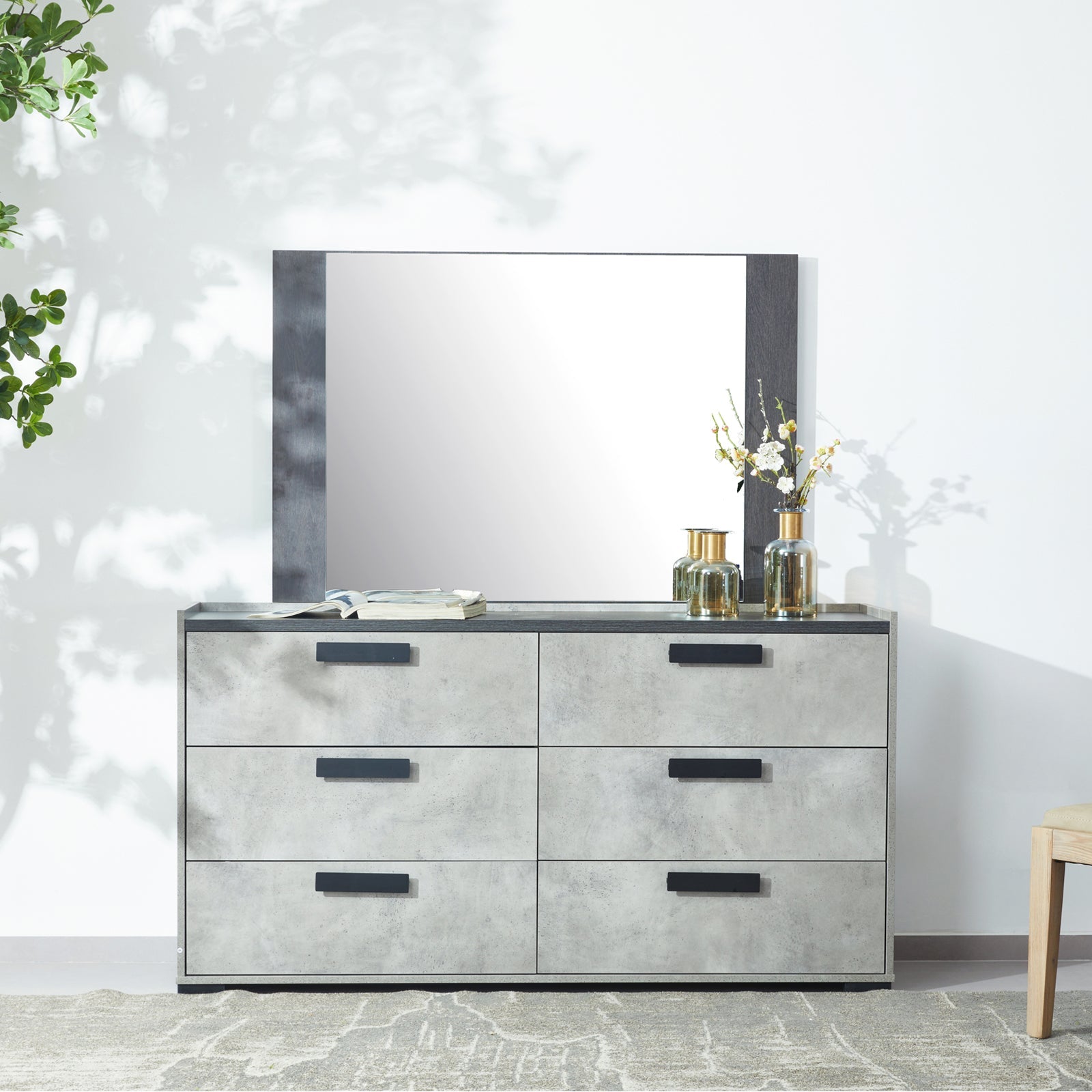 Tallboy with 5 Storage Drawers MDF Combination of Black & Cement Colour dresser with mirror, styled as bedroom furniture by Bedzy