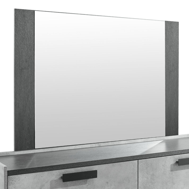 Tallboy with 5 Storage Drawers MDF Combination of Black & Cement Colour featuring a large rectangular mirror with black side panels.