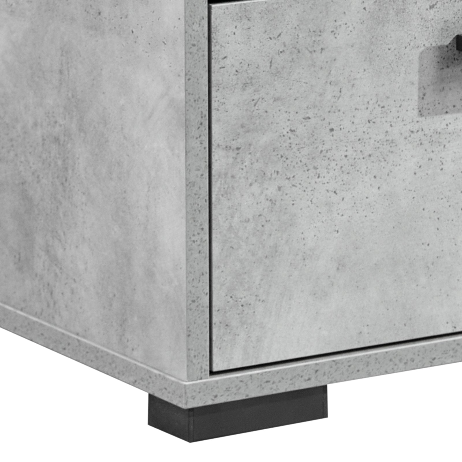 Close-up of the base and corner detail of the Tallboy with 5 Storage Drawers MDF Combination of Black & Cement Colour by Bedzy