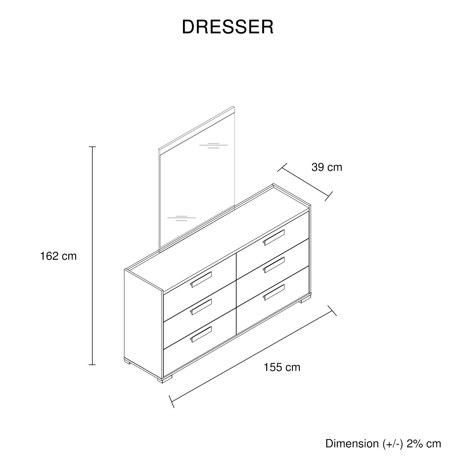 Tallboy with 5 Storage Drawers MDF Combination of Black & Cement Colour with attached mirror and simple handles, bedroom furniture design.