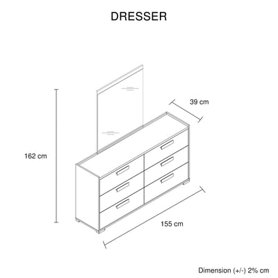 Tallboy with 5 Storage Drawers MDF Combination of Black & Cement Colour with attached mirror and simple handles, bedroom furniture design.
