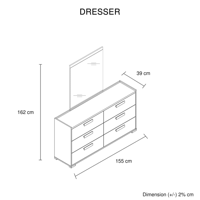 Tallboy with 5 Storage Drawers MDF Combination of Black & Cement Colour with attached mirror and simple handles, bedroom furniture design.