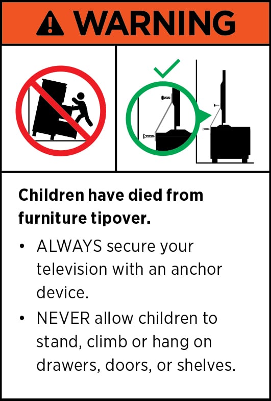 Warning label illustrating furniture tipover hazard with safety instructions for securing tallboy with 5 storage drawers MDF combination of black & cement colour